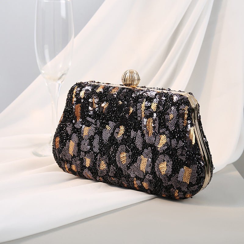 Golden Leopard Print Sequin Clutch Bag