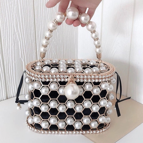 Flower Pearl Women's Handbag Fashion Designer Clutch Evening Bag Bead  Pearls Top Handle Bag Tote Busket Cage Shape Party Bag